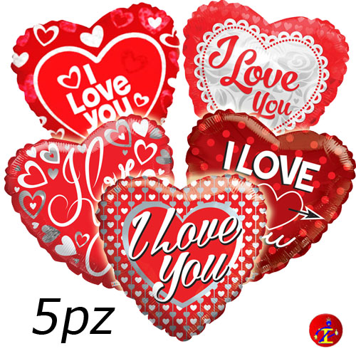 OFFERTA 5 CUORI ROSSI STAMPATI I LOVE YOU 18 (45cm)