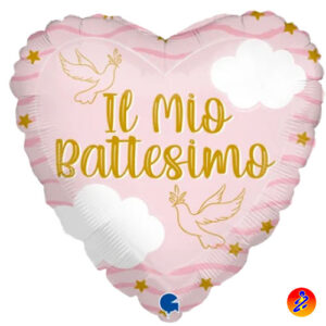 palloncino mylar cuore il mio battesimo marca grabo 18 pollici 45cm dotato di valvola gonfiabile sia ad aria che ad elio. Palloncino battesimo cuore.