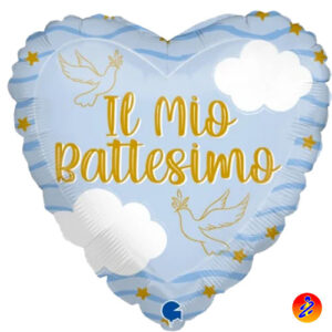 palloncino mylar cuore il mio battesimo marca grabo 18 pollici 45cm dotato di valvola gonfiabile sia ad aria che ad elio. Palloncino battesimo cuore.